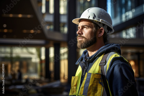 man worker in uniform and hard hat at construction site