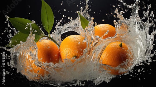 Front view flying mandarin oranges hit by splashes of water on black background and blur