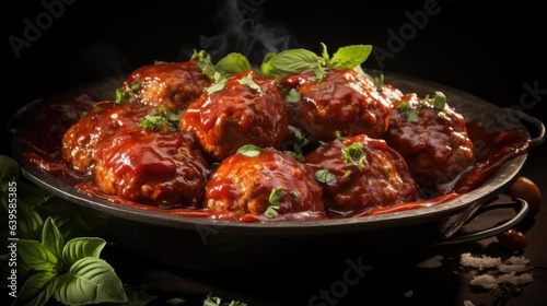 Front view meatballs with melted tomato sauce on a bowl with a black background and blur