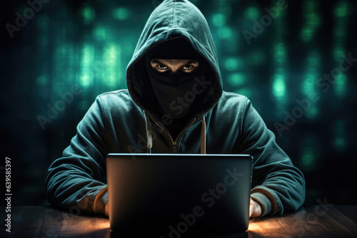 Portrait of hacker with laptop, internet security concept