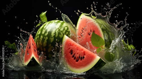 Front view fresh cut water melon splashed with black background and blur