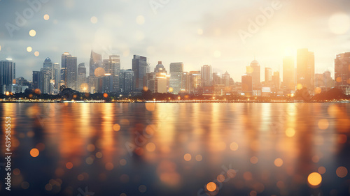 Bokeh light and blur city skyline sunrise background. Generative Ai