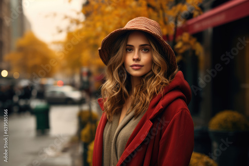 Beautiful girl with beautiful lush hair on the autumn street