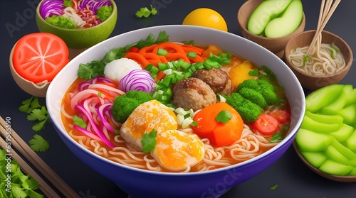 A delicious bowl of noodle soup garnished with fried meatballs, eggs, sliced green onions, sliced shallots and carrots