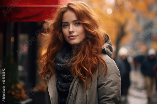 autumn urban portrait of a girl with beautiful fluffy hair