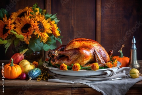 Happy Thanksgiving. Thanksgiving pumpkins and Autumn leaves. Thanksgiving Food Party. Thanksgiving Concept.Thanksgiving Background. Thanksgiving Theme. Generative Ai