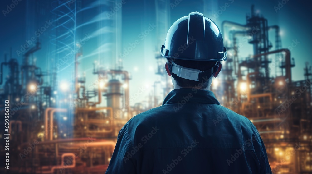 Refinery worker in uniform wears mask under starry night sky Refinery worker in uniform wears mask under starry night sky