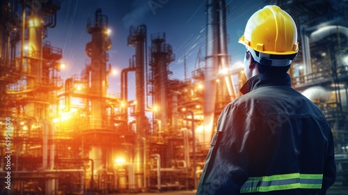 engineer working at oil industry project with large oil refinery background