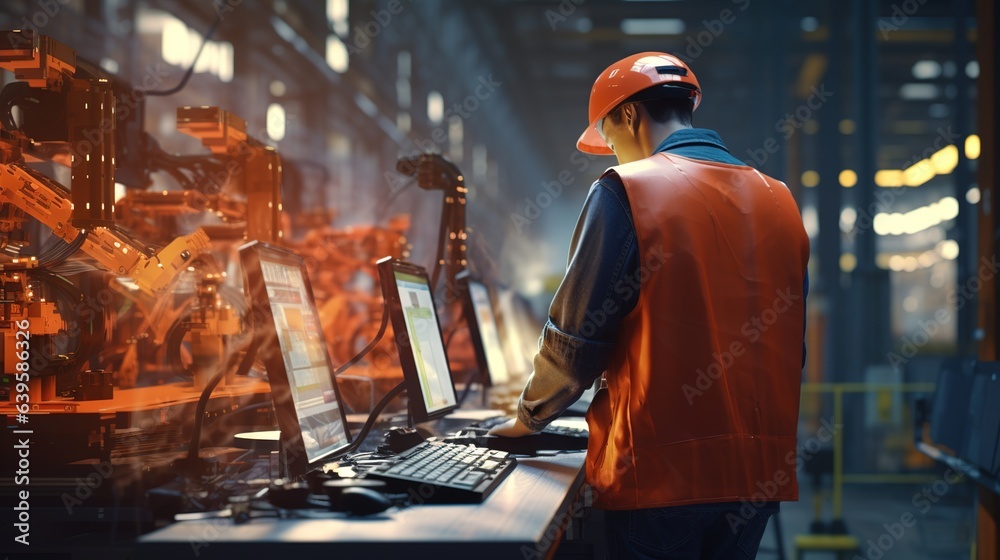 Industrial Automation: A worker in a high-tech factory monitors a robotic arm, showcasing the integration of automation and human expertise in modern manufacturing. Industrial Automation: A worker in a high-tech factory monitors a robotic arm, showcasing the integration of automation and human expertise in modern manufacturing.