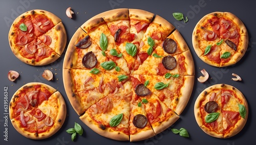 Top view of delicious big pan pizza and four mouthwatering small pizzas. Generalized by AI