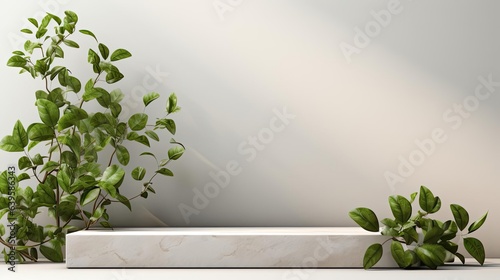 Front view podium design for product display or product stand with leaf ornaments and minimalist background