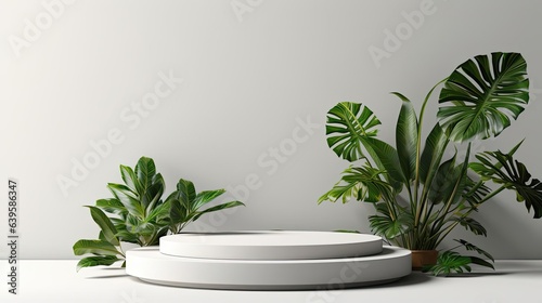 Front view podium design for product display or product stand with leaf ornaments and minimalist background © GradPlanet