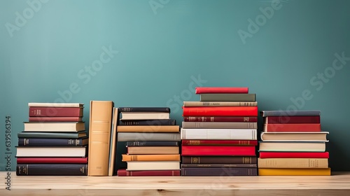 Front view pile of books on minimalistic background or stock of books for world book day background