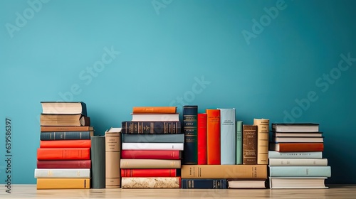 Front view pile of books on minimalistic background or stock of books for world book day background photo