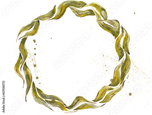 Fototapeta Naklejka Na Ścianę i Meble -  Corona floral de acuarela. Guirnalda, ramitas verdes. Ilustraci√≥n en acuarela dibujada a mano, tarjetas de felicitaci√≥n, carteles,  tarjetas de boda. Espacio para texto, fondo transparente