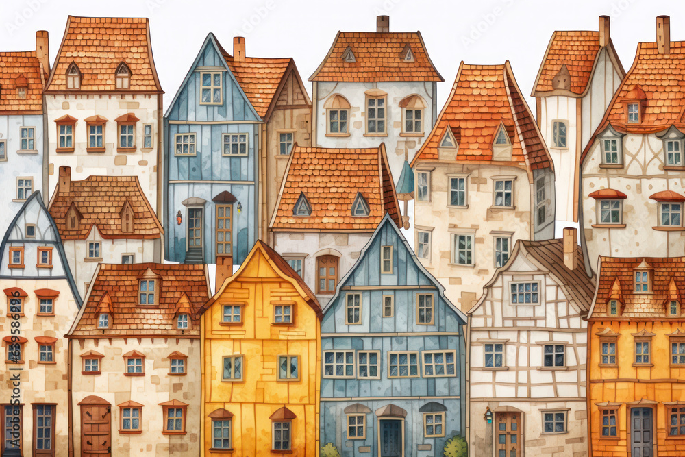 Charming watercolor pattern: medieval houses, stone architecture, old town street. Ideal for tourist items, backgrounds, illustrations in cartoon style. - obrazy, fototapety, plakaty 