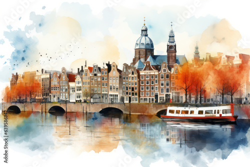 Amsterdam s enchanting canal-laden cityscape captured in a watercolor masterpiece. Dutch heritage meets artistic charm in this iconic European travel destination.