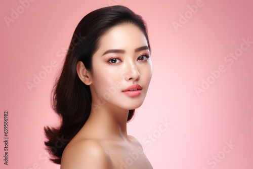 Gorgeous young Asian model, flawless skin on pink backdrop – Beauty, skincare, cosmetology; an elegant spa portrait of an Asian woman..