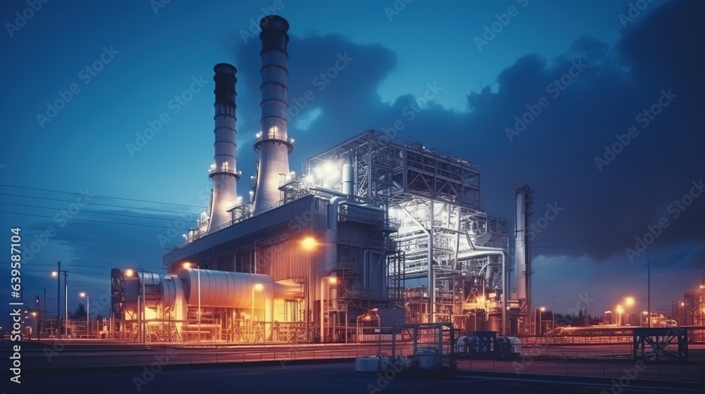 Fototapeta premium Industrial Powerhouse: A majestic power plant stands tall against the backdrop of a twilight sky, its towering smokestacks and illuminated structures symbolizing the relentless power of industry.