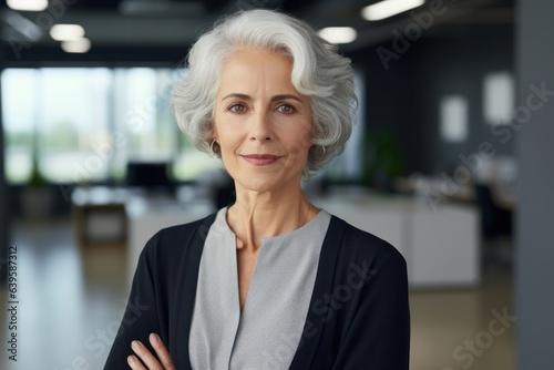 Pretty gray-haired mature female business person or experienced teacher looking at camera in office