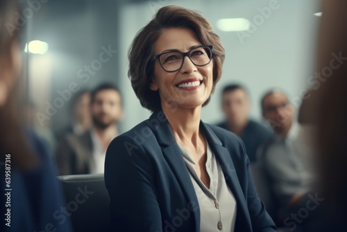 Friendly smiling female teacher or office employee in glasses on educational conference, meeting