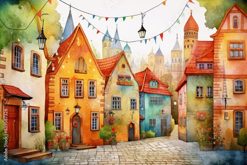 Charming European city: colorful houses, trees, lanterns by watercolor. Ideal for decor, banners, postcards, souvenirs, wallpaper, fabric.