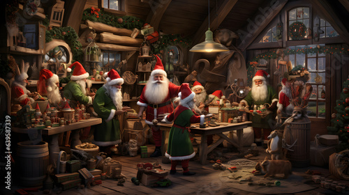 An elaborate scene showcases Santa's workshop bustling with activity as elves prepare gifts. The photography captures the meticulous details of the workshop and the joyful expressions of the elves. photo