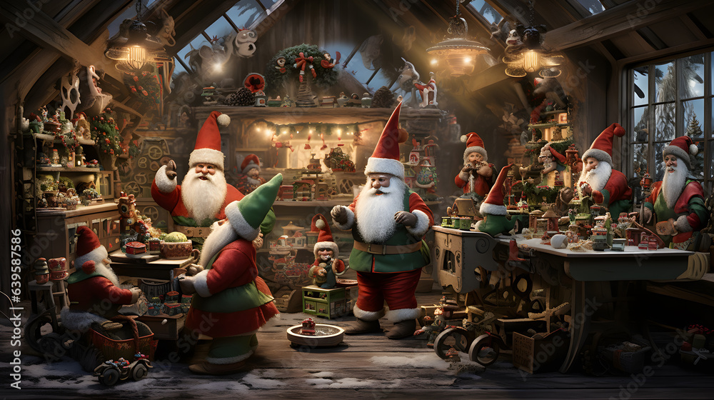 An elaborate scene showcases Santa's workshop bustling with activity as elves prepare gifts. The photography captures the meticulous details of the workshop and the joyful expressions of the elves. - obrazy, fototapety, plakaty 