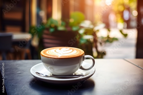 A delicious, generously poured cup of coffee and a spoon are sat on a saucer at a cafe. A beautiful street scene is in the background. Generative AI.