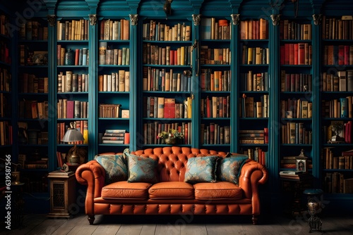 A beautiful home library is full of bookshelves and has an orange sofa chair in front. 
