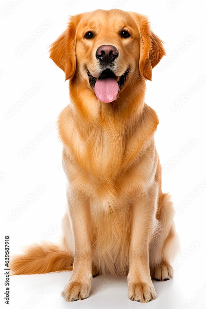 Beautiful Golden Retriever Dog Sitting on White Background - Cute Canino Pet with Brown Fur and Gold Hunting Instincts Indoor