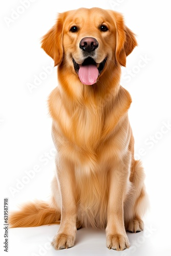 Beautiful Golden Retriever Dog Sitting on White Background - Cute Canino Pet with Brown Fur and Gold Hunting Instincts Indoor