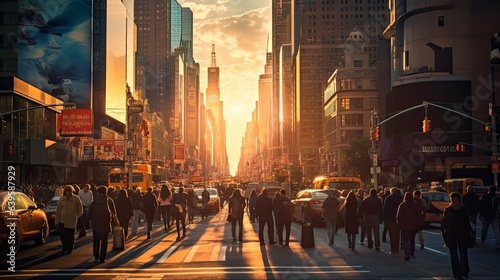 Obraz na plátně Midtown Manhattan Street Scene at Sunset - Crowded New York City Thoroughfare wi