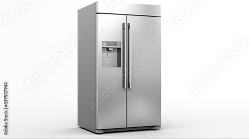 Modern Stainless Steel Refrigerator. Kitchen Appliance with Deep Freezer. Front View Isolated on White Background - 3D Rendering photo
