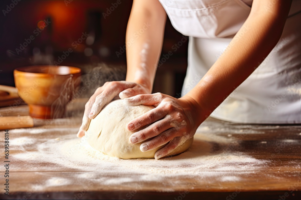 Closeup Woman Baker Kneading Dough for Fresh Bread on Table in Bakery Kitchen Background