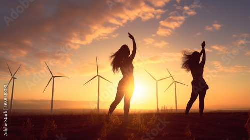 Two youn woman practicing joga in beaufitul sunset light wth windfarm in the background. Relaxed, calm lifestyle. photo