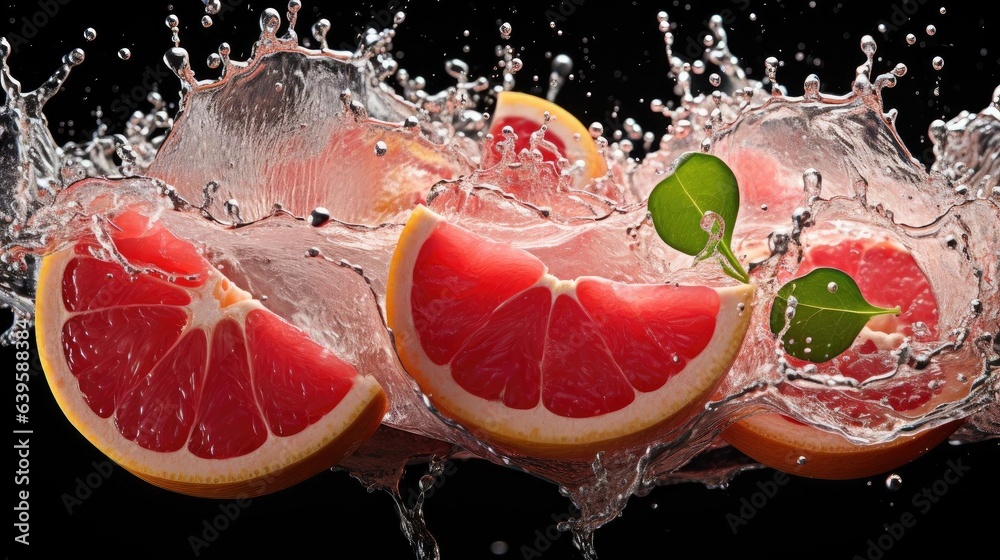 Front view fresh grapefruits splashed with water on black and blurred background Front view fresh grapefruits splashed with water on black and blurred background