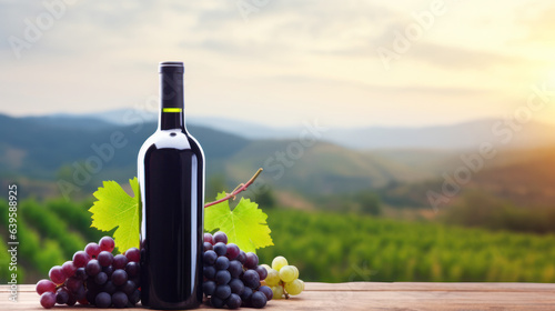 Bottle of red wine with ripe grapes on tabletop outdoor in Vineyard