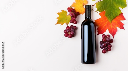 Bottle of red wine with ripe grapes and vine green leaves on a white background