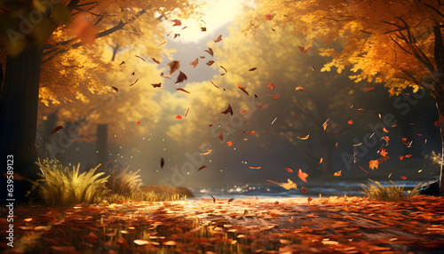 Autumn season with falling leaves  colorful trees and distant sunshine - Generativ AI
