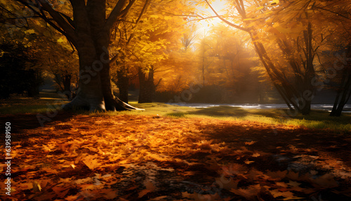 Autumn season with falling leaves  colorful trees and distant sunshine - Generativ AI