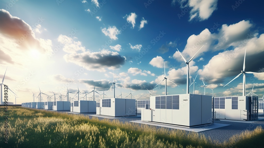 Fototapeta premium Sustainable Energy: A vast field of wind turbines stand tall, powering a modern energy storage facility against a backdrop of a vibrant blue sky, showcasing the power of renewable energy. 