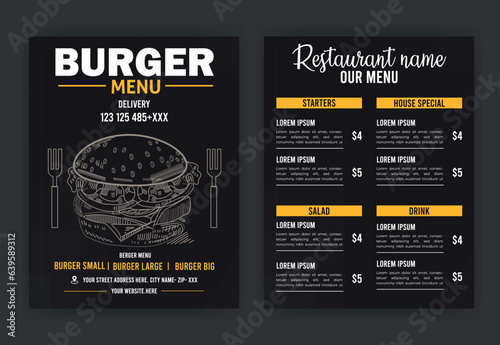 Burger Restaurant Menu Layout With Restaurant cafe menu template design on chalkboard background vector illustration