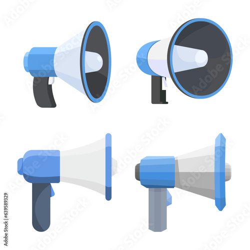 Set 4 Blue Megaphone on isolated white background. Vector illustration cartoon flat design outline object.