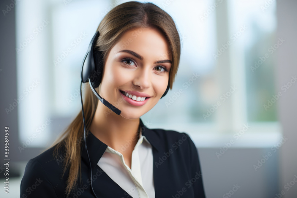 Portrait of happy female call centre operator in office Portrait of happy female call centre operator in office