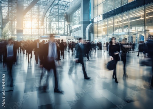 Blurred image of business people standing and walking in the office