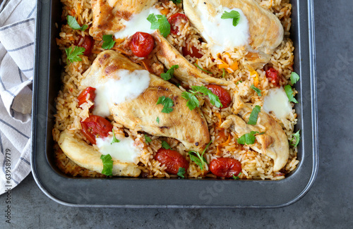 Chicken breast and rice casserole with mozzarella