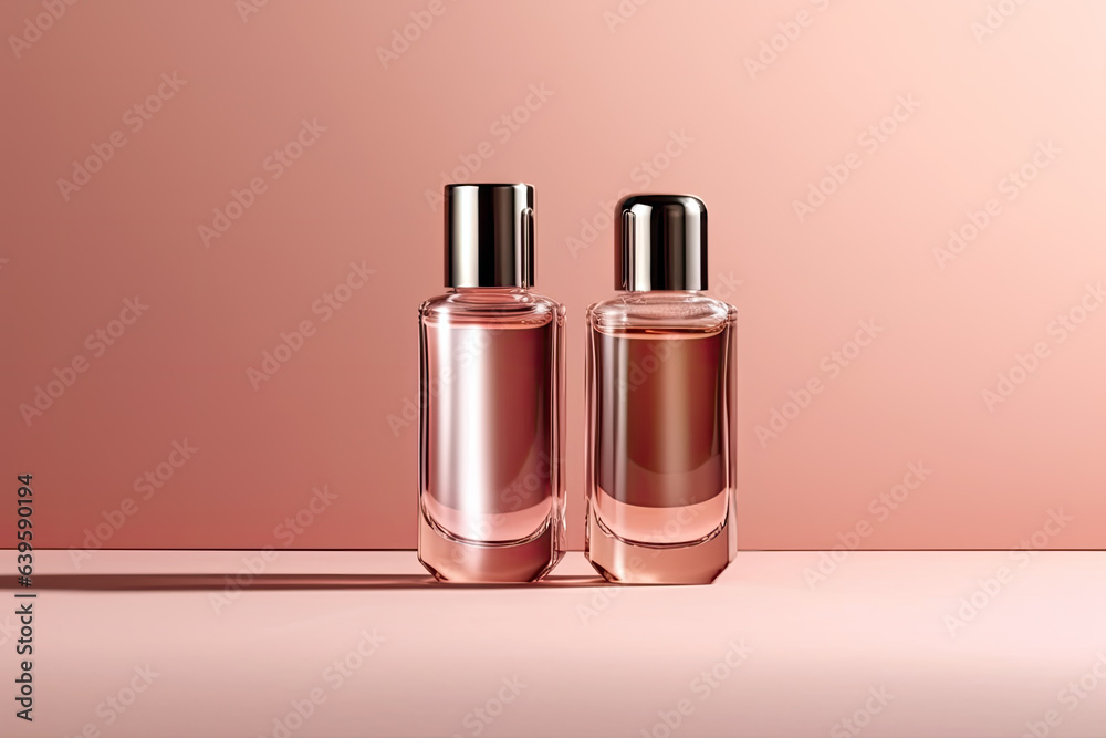 Bottles and accessories background for product presentation with copy space, cosmetic display and mock up Bottles and accessories background for product presentation with copy space, cosmetic display and mock up