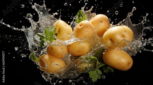 Front view fresh potatoes splashed with water on black and blurred background