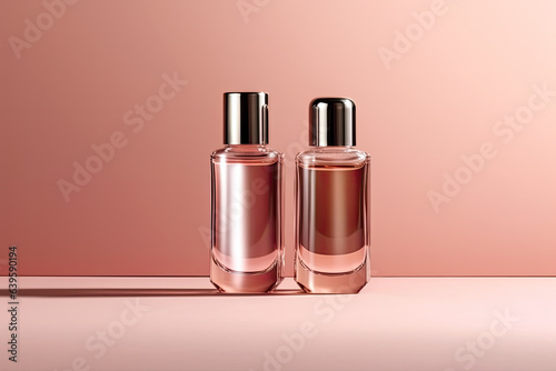 Bottles and accessories background for product presentation with copy space, cosmetic display and mock up © pariketan